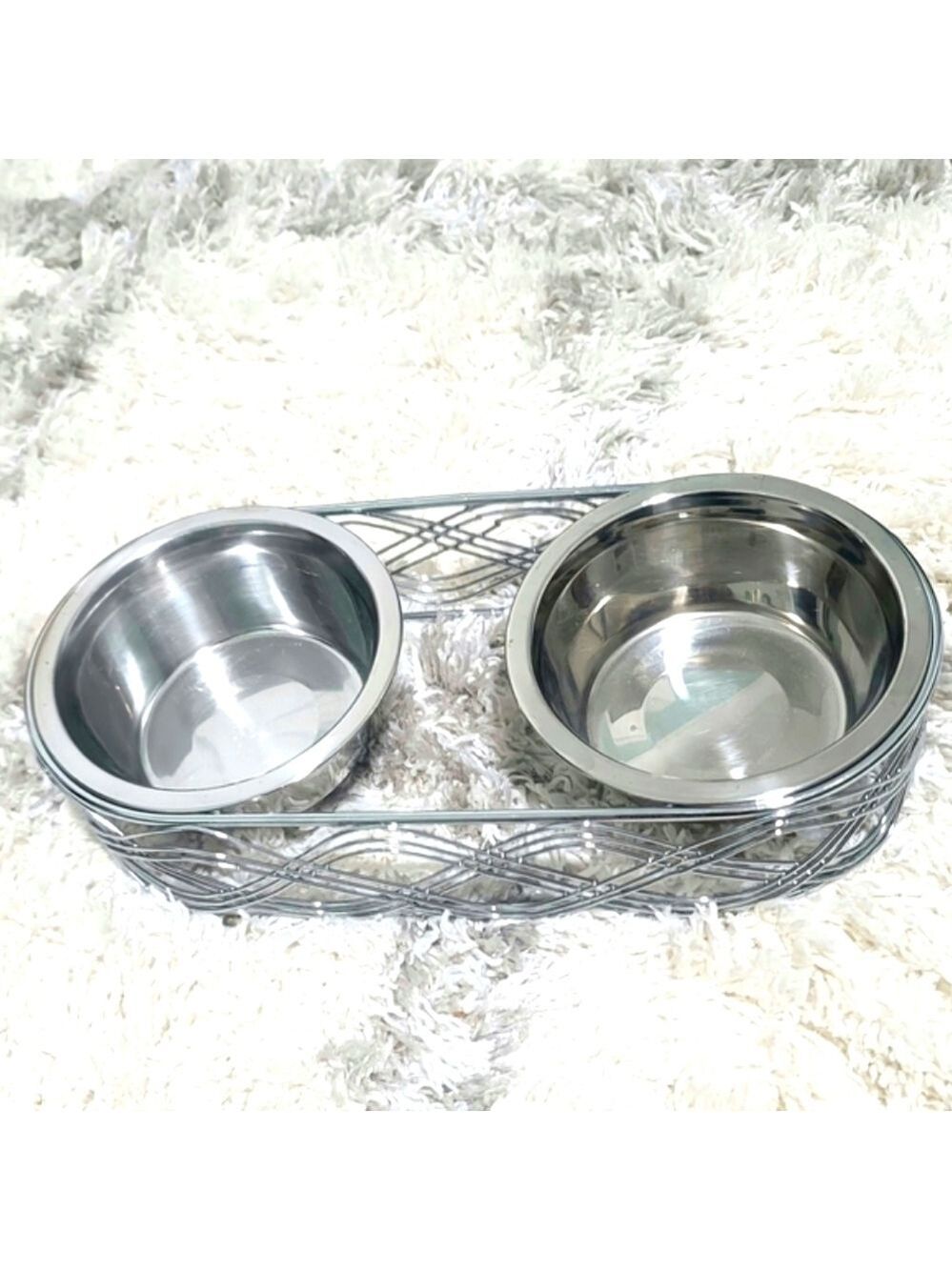 Double Twin Stainless Steel Pet Food Water Bowl Set
